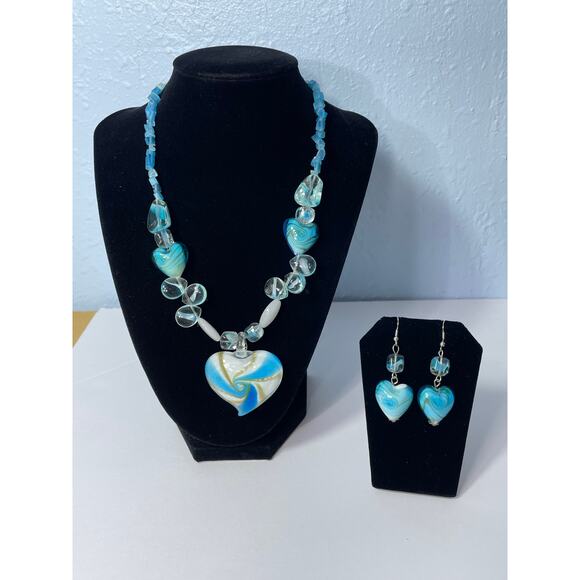 Turquoise Gold Heart Art Glass Beaded Statement Necklace and Dangle Earring Set - Picture 1 of 10